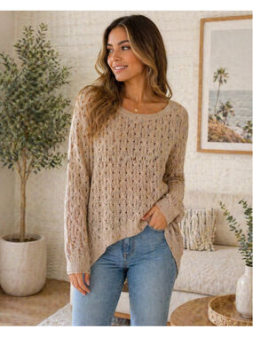 Revolution Ricki’s Beige Knit Sweater Large Open Knit Boho Lightweight Pullover
